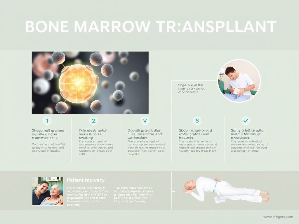 Текст на изображении о трансплантации костного мозга с этапами и информацией о восстановлении пациента.
