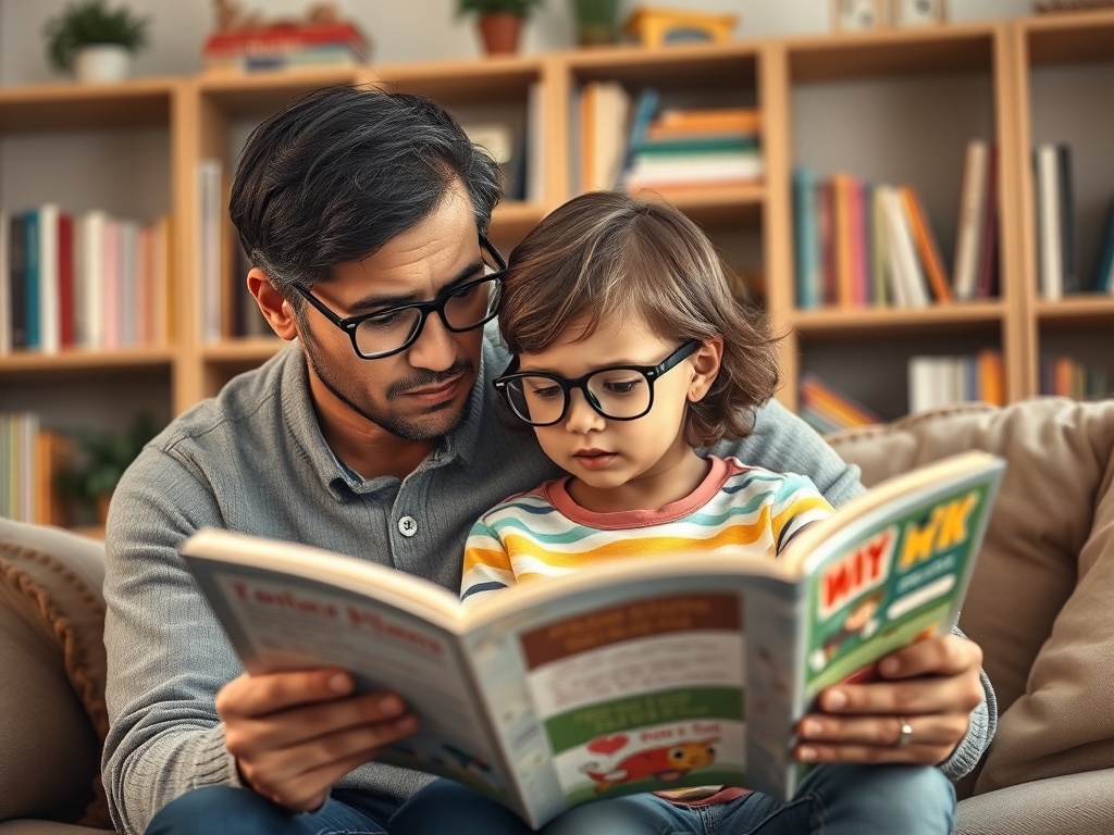 Отец и ребенок читают книгу на диване, окруженные уютной атмосферой и библиотекой в фоне.