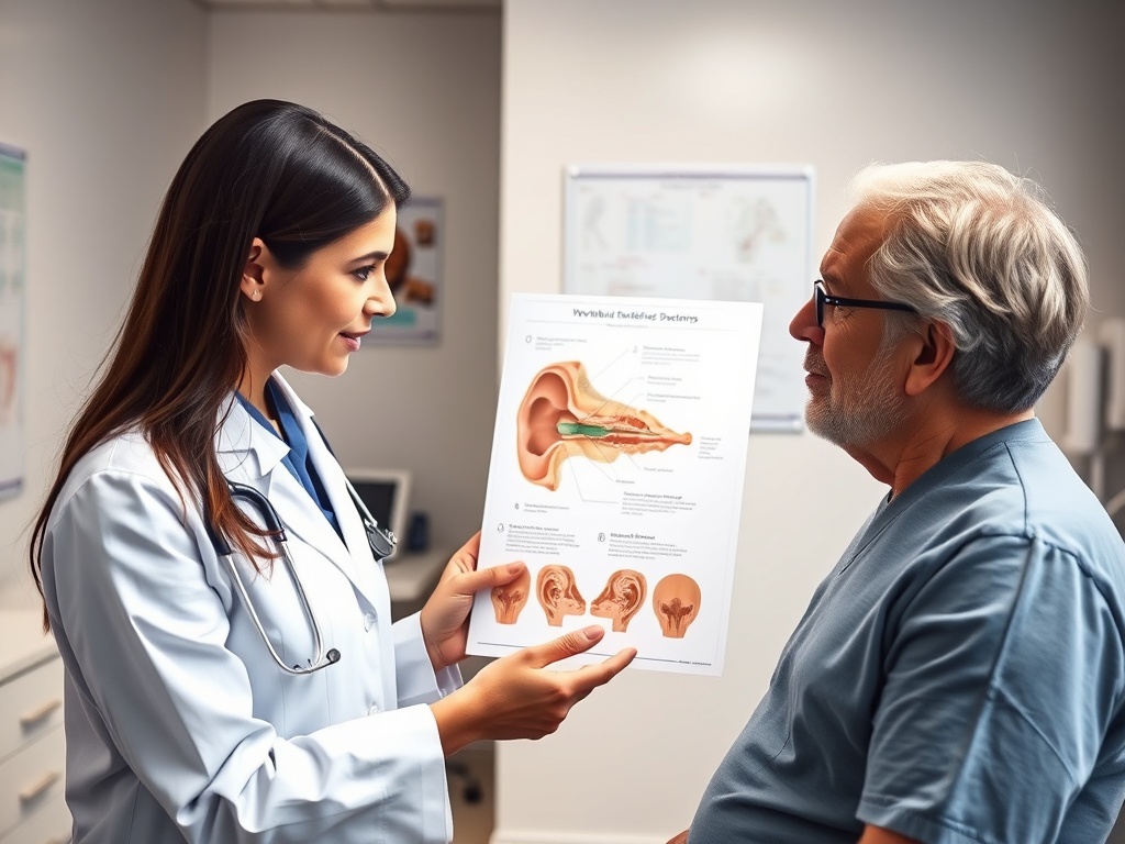 Врач объясняет пациенту анатомию уха, показывая на информационный плакат.