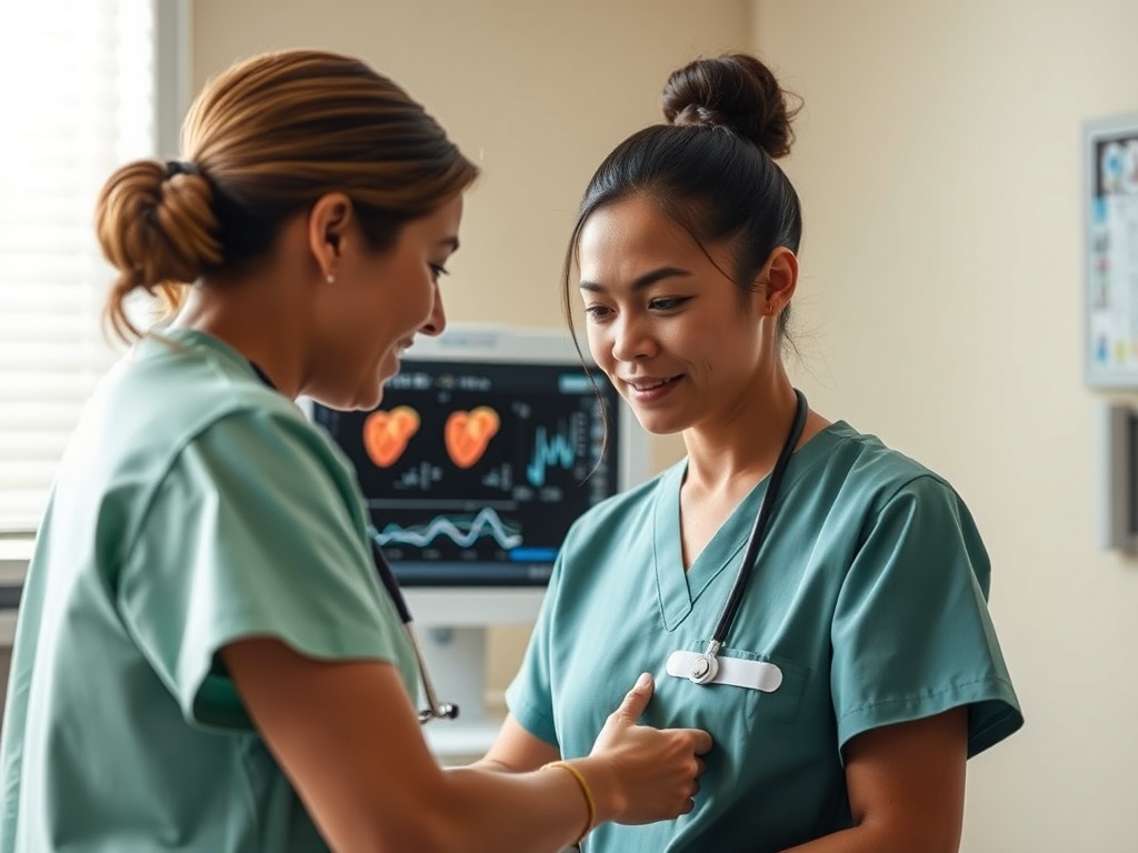 Две медсестры в зеленых халатах обсуждают результаты обследования в медицинском кабинете.