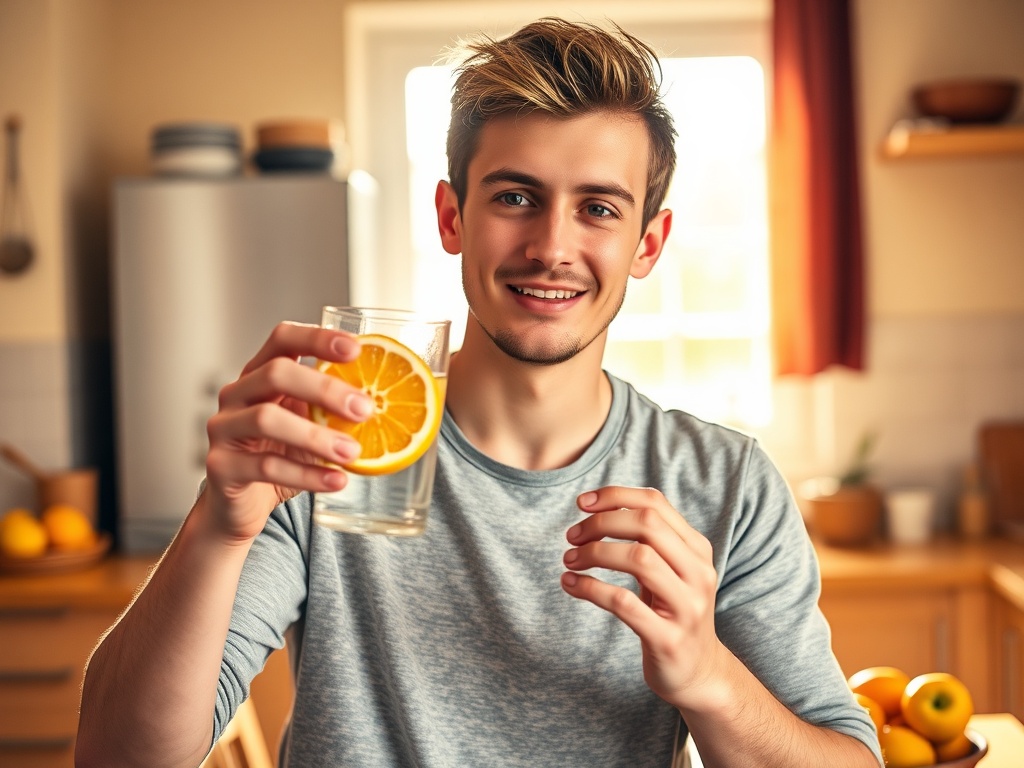 Молодой человек улыбается и держит стакан воды с ломтиком апельсина на фоне кухни.