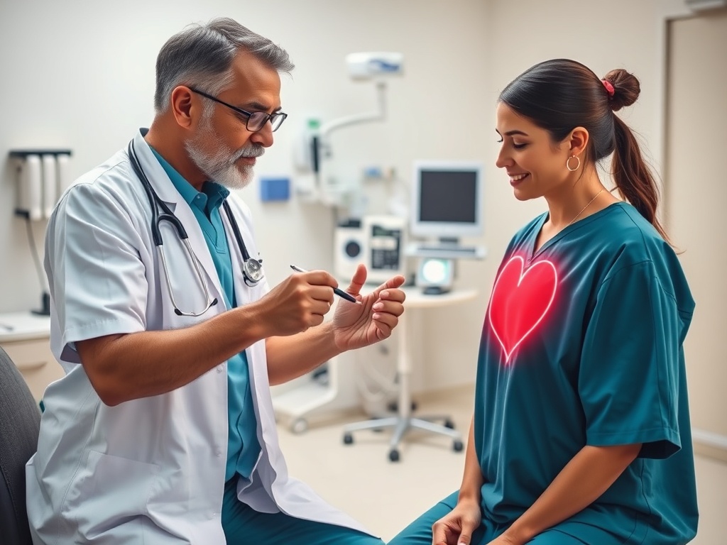 Врач объясняет пациентке, у которой на одежде изображено сердце, детали анализа в медицинском кабинете.