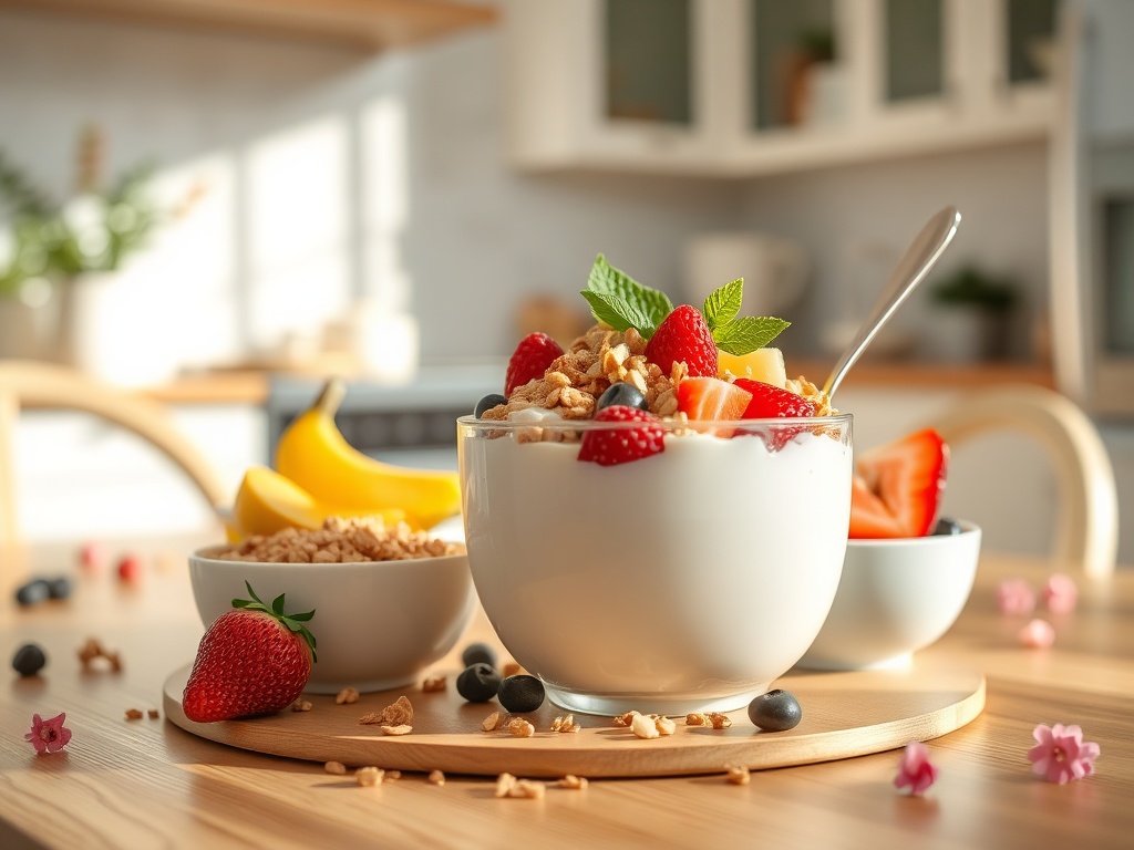 Чаша йогурта с ягодами, фруктами и мятой, рядом бананы и гранола на деревянной подставке.
