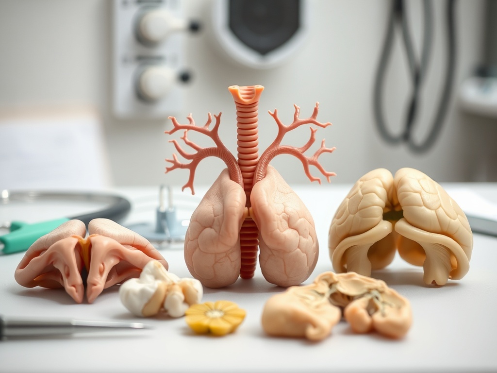 На столе расположены модель легких и мозга, выполненные из пластика. Медицинские инструменты рядом.
