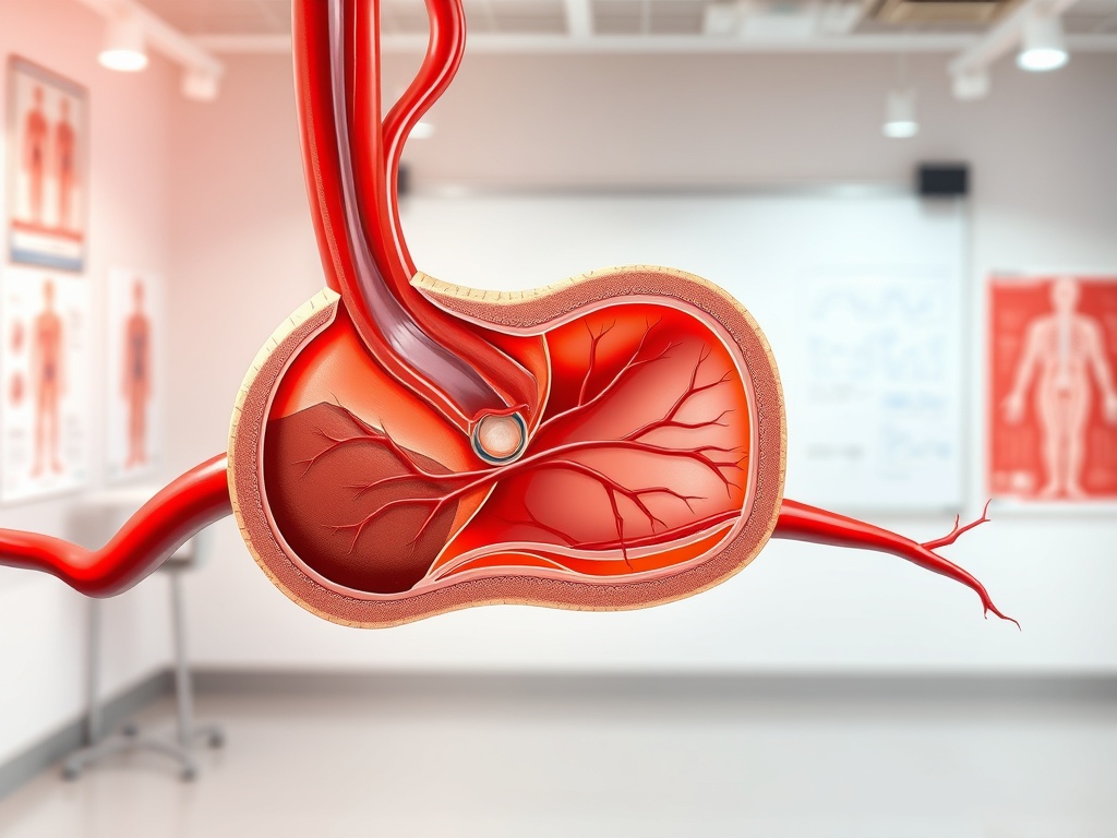 Изображение показывает сечённый желудок с кровеносными сосудами, на фоне медицинского кабинета.