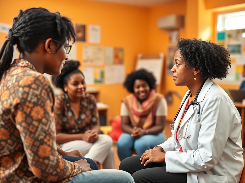 Встреча врача с пациентами в уютном кабинете. Обсуждение здоровья и поддержки.