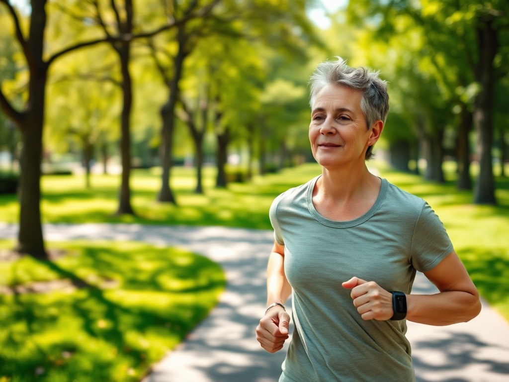 Женщина занимается бегом в парке, среди зелёных деревьев и освещенных солнечным светом.