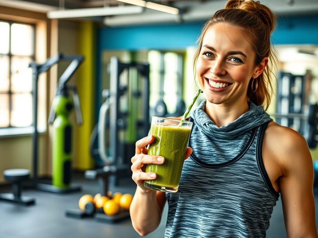 Улыбающаяся девушка в спортивной одежде держит зелёный смузи в тренажёрном зале.