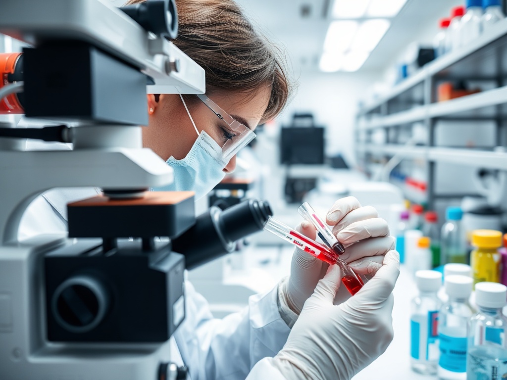 Женщина в лаборатории проводит эксперименты с пробирками и микроскопом в защитной одежде и маске.