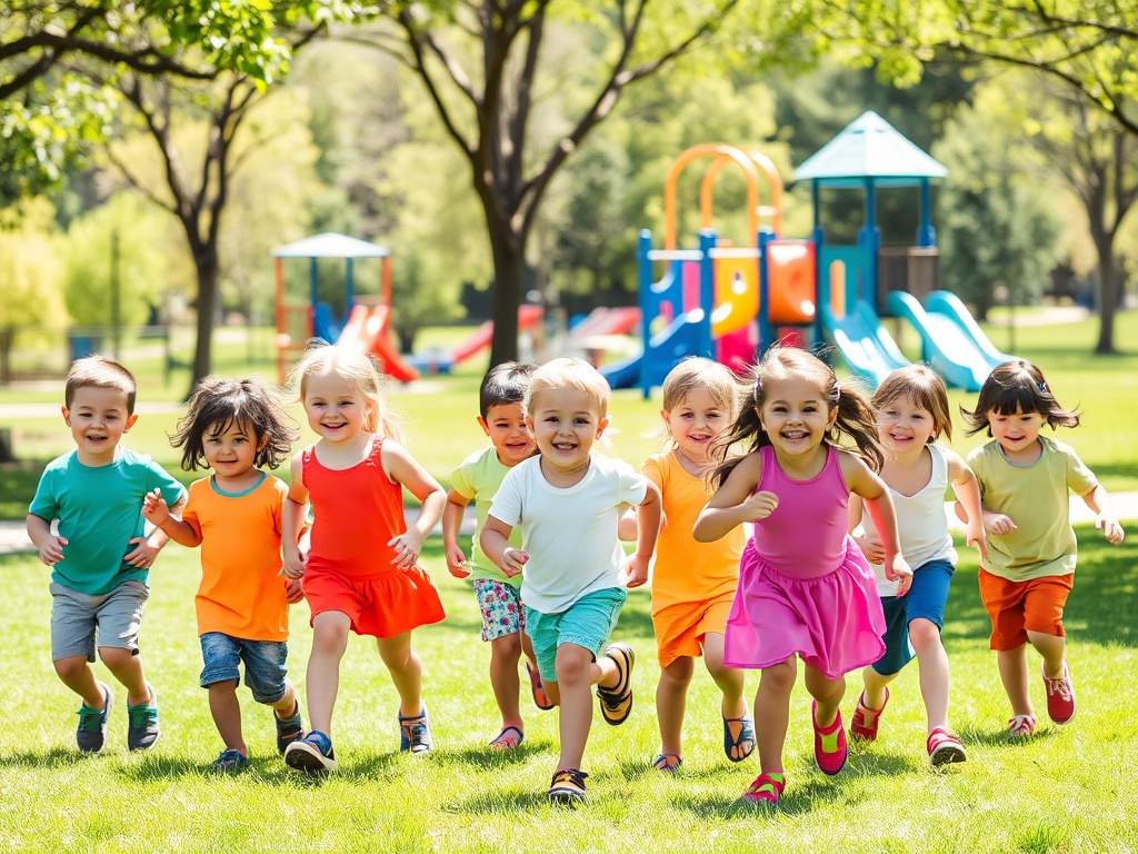 Дети в яркой одежде бегут по парку, радуясь весёлой игре на свежем воздухе. Игровая площадка на заднем плане.