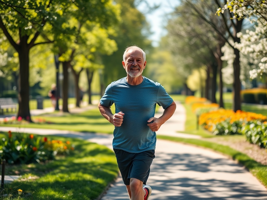 Пожилой мужчина с улыбкой бежит по парку среди зелени и цветущих деревьев. Прекрасная, солнечная погода.