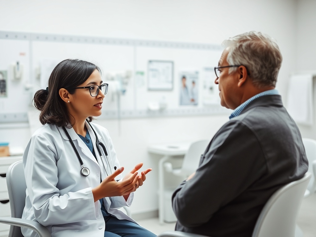 Врач говорит с пациентом в кабинете, обсуждая медицинские проблемы и рекомендации.
