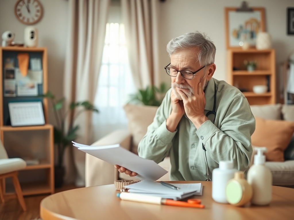 Пожилой мужчина с медицинским стетоскопом, читающий документы за столом в уютном интерьере.
