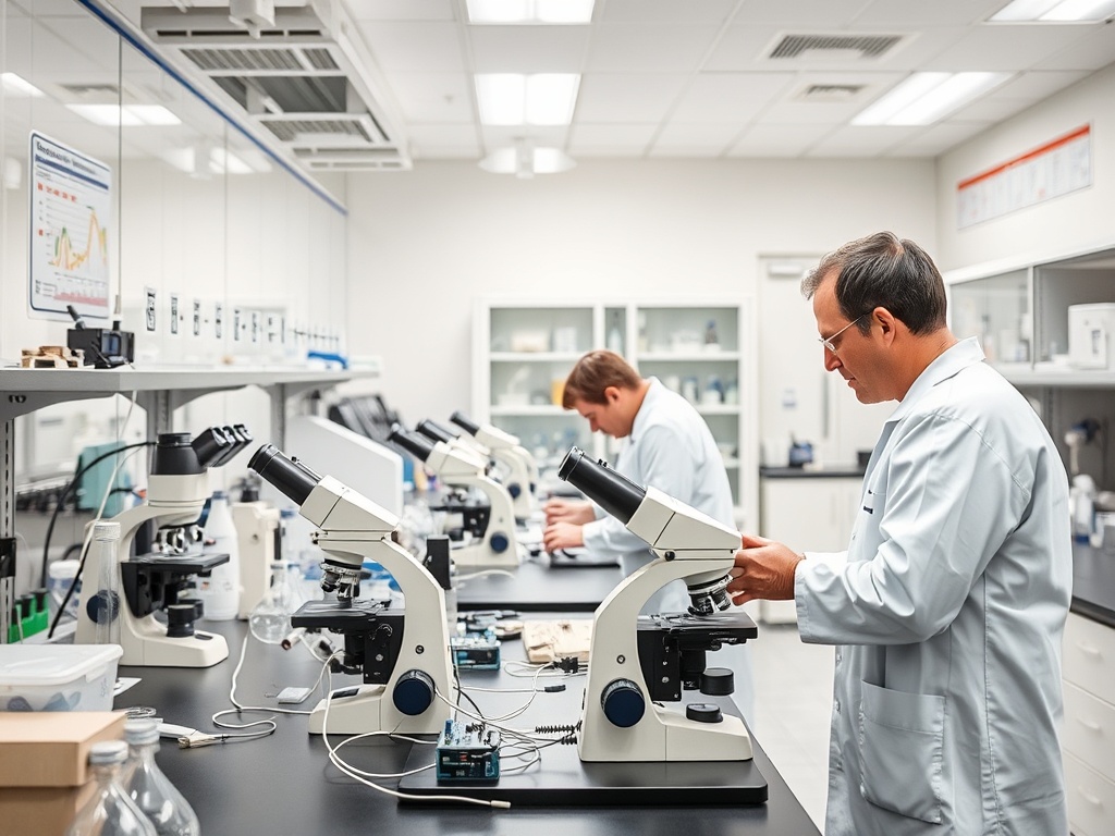 Лаборатория с микроскопами; ученые проводят исследования, работа ведется в современном оснащении.