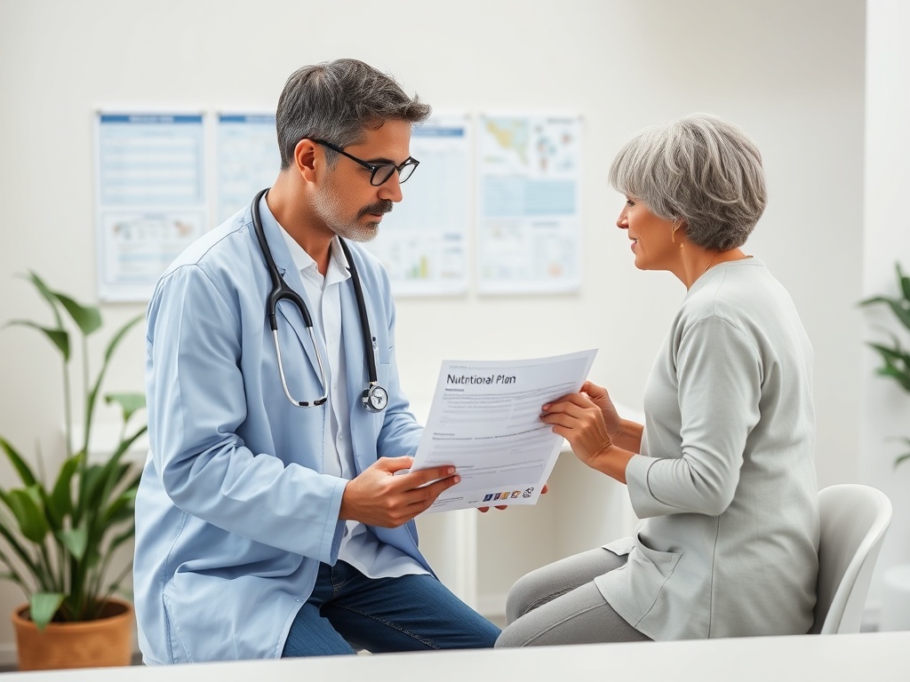 На изображении врач обсуждает с пациентом план питания в офисе. Врач внимательно смотрит на документы.