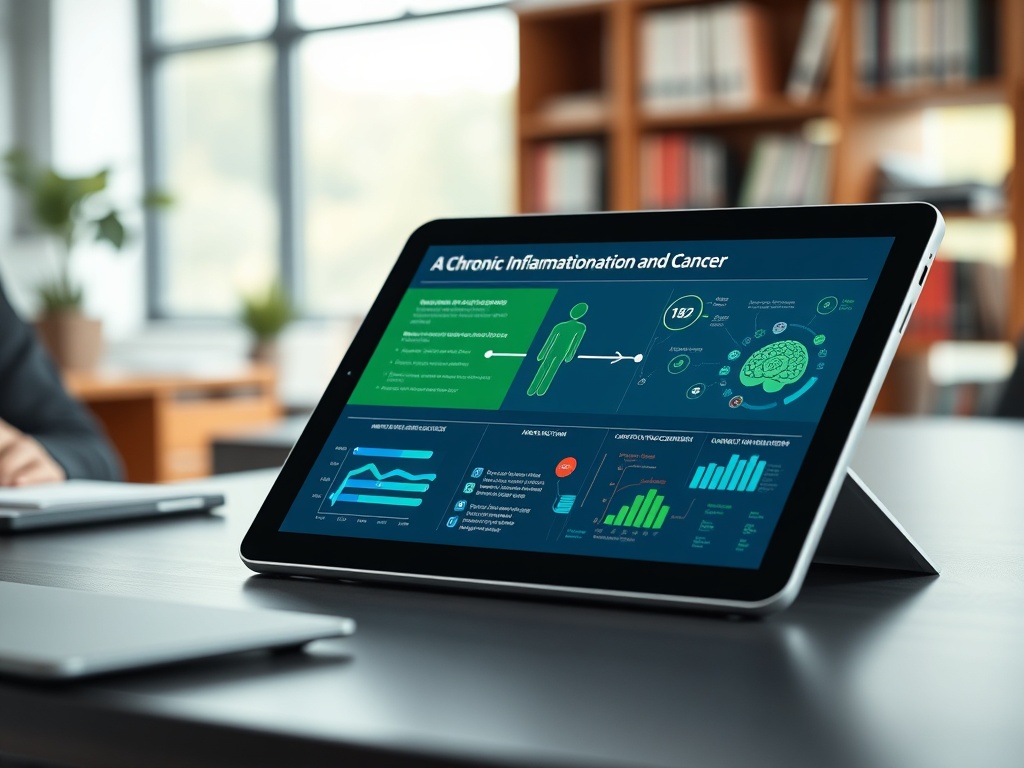 На экране планшета графики о хроническом воспалении и раке. Виден анализ данных и статистика.