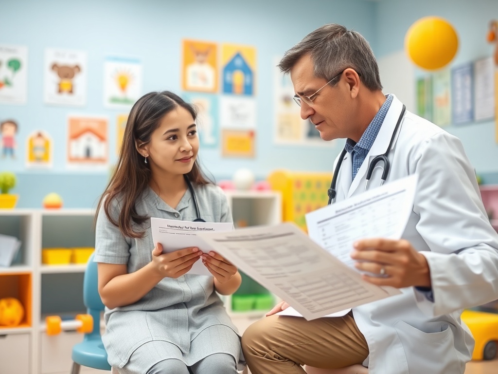Врач беседует с пациенткой, обсуждая медицинские документы в уютной детской комнате.