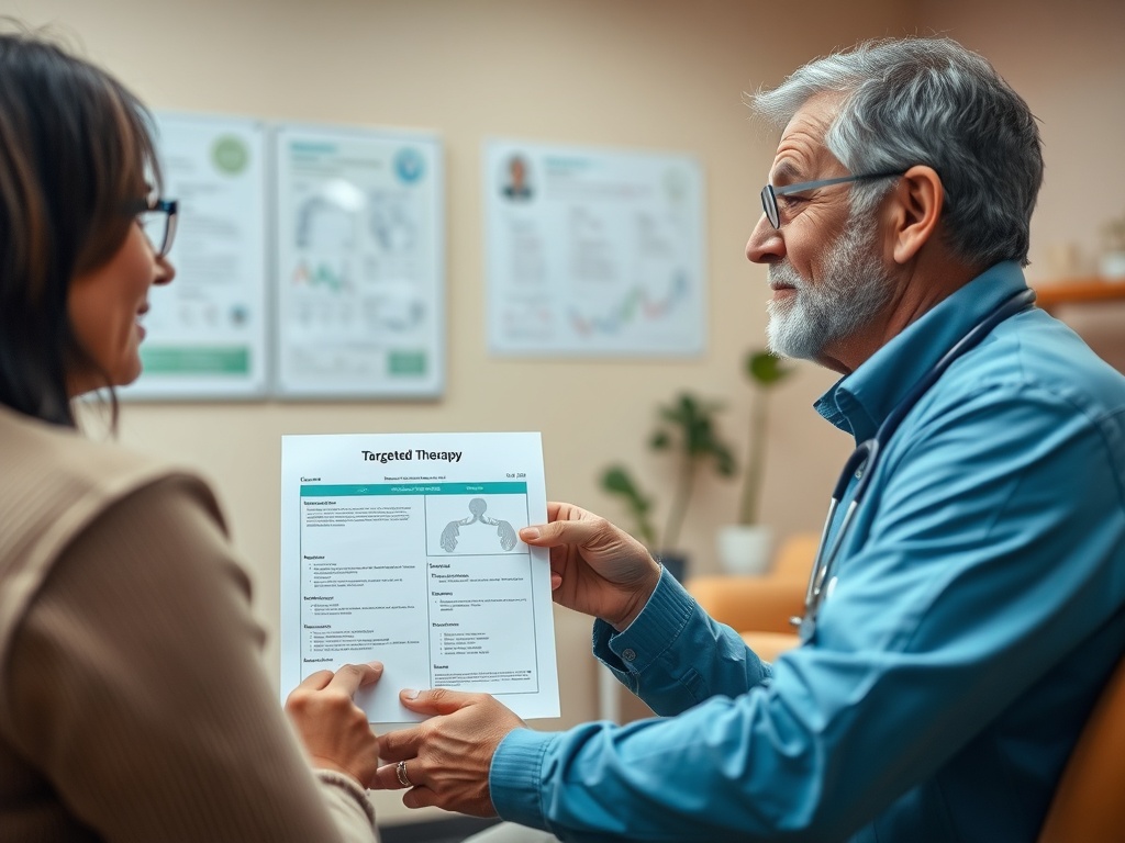 Врач обсуждает целевую терапию с пациентом, показывая информацию на листе бумаги в офисе.