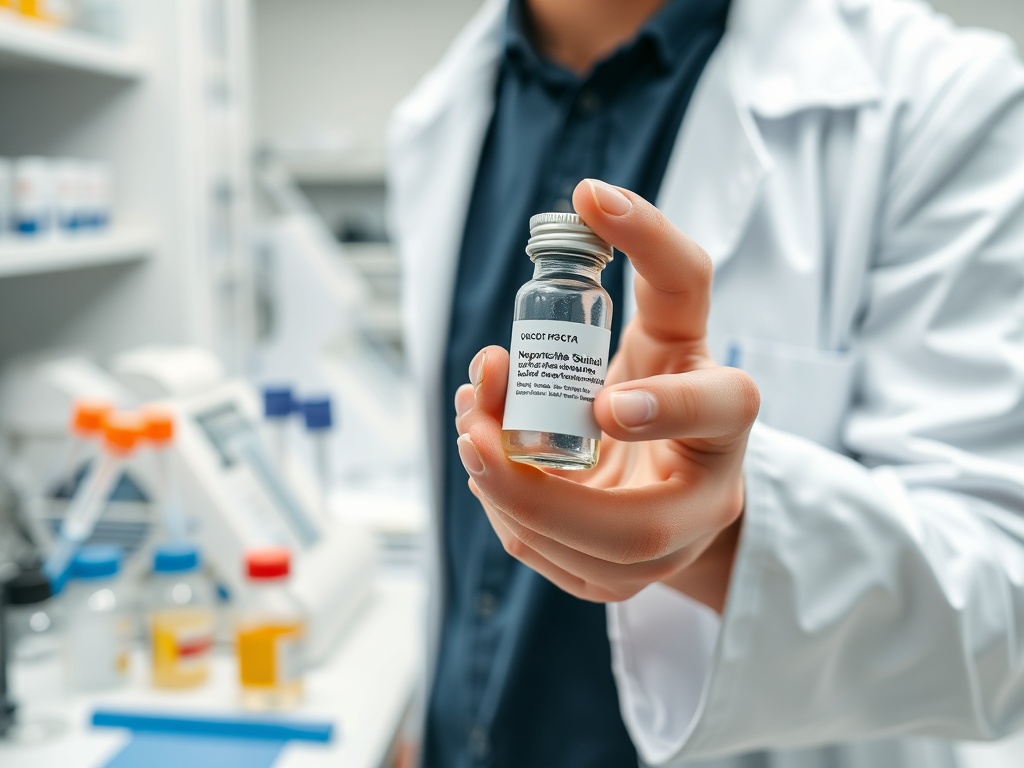 Человек в лабораторном халате держит фиолетовую стеклянную бутылочку с этикеткой в руке, на фоне лаборатории.