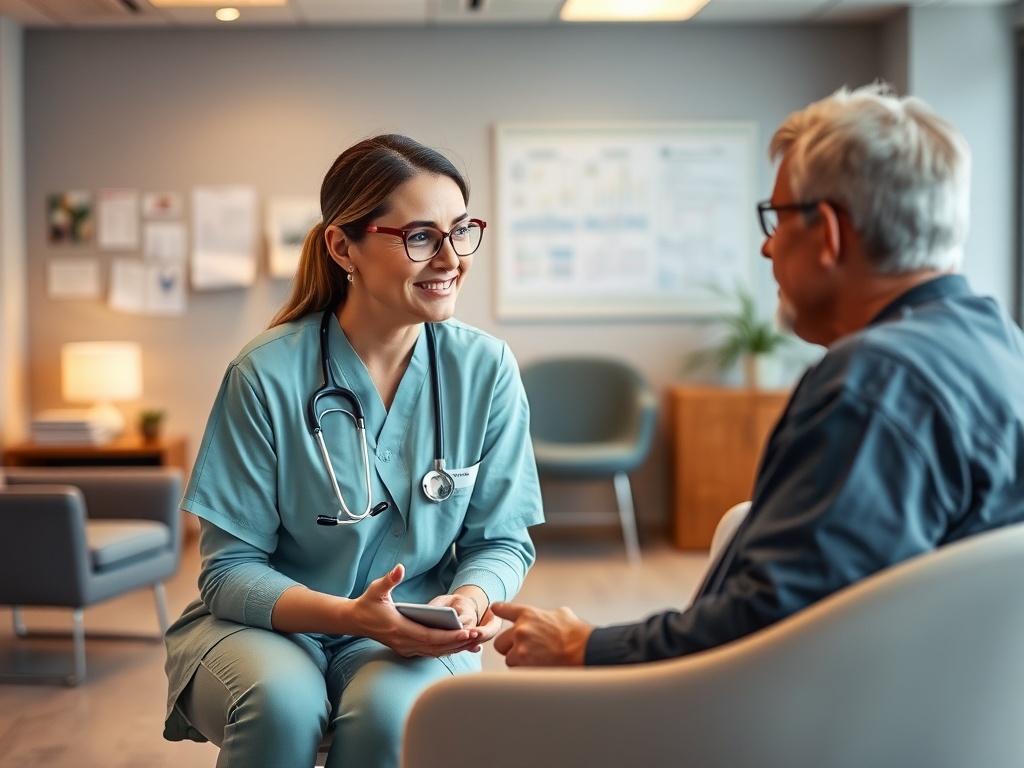 Врач-укалыватель беседует с пациентом в современных медицинских условиях. Оба выглядят доброжелательно.