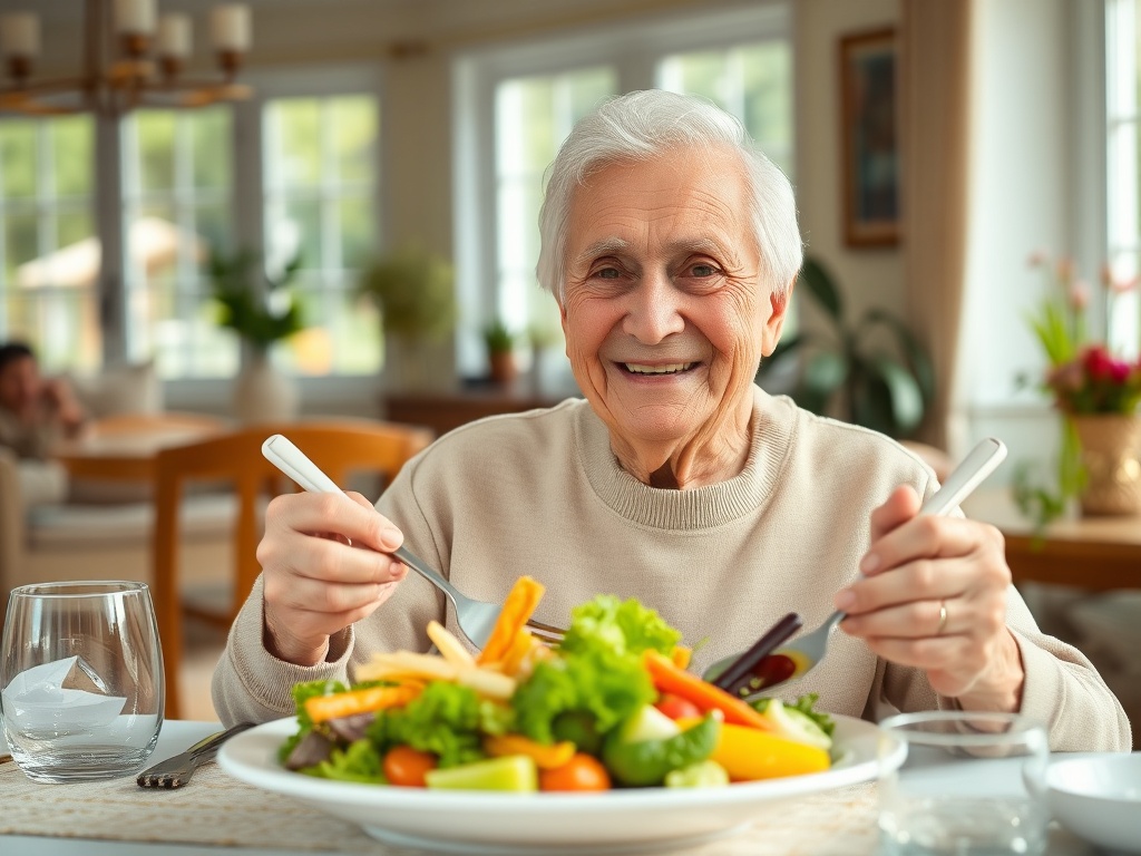 Счастливый пожилой человек держит вилку и нож, готовясь поесть свежий салат в уютном интерьере.