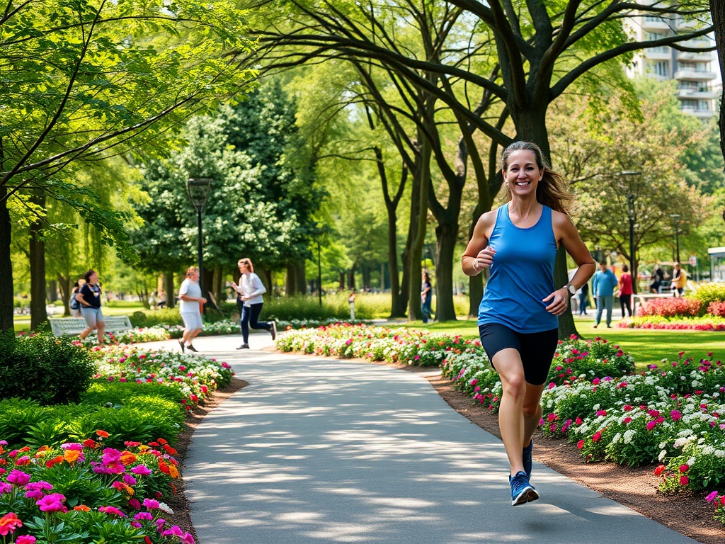 Женщина в синей футболке бежит по парку, среди зелени и ярких цветов, наслаждаясь прогулкой.