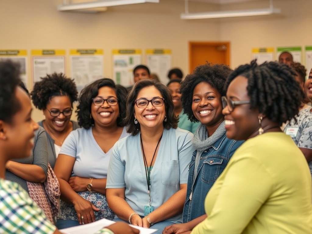 Группа людей улыбается и общается в офисе, атмосфера дружбы и поддержки.