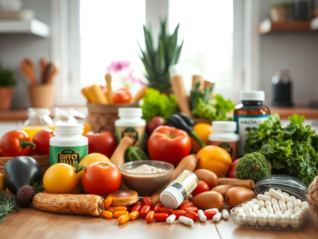 На столе разнообразные овощи, фрукты и витаминные добавки в солнечном свете. Здоровое питание и витамины.