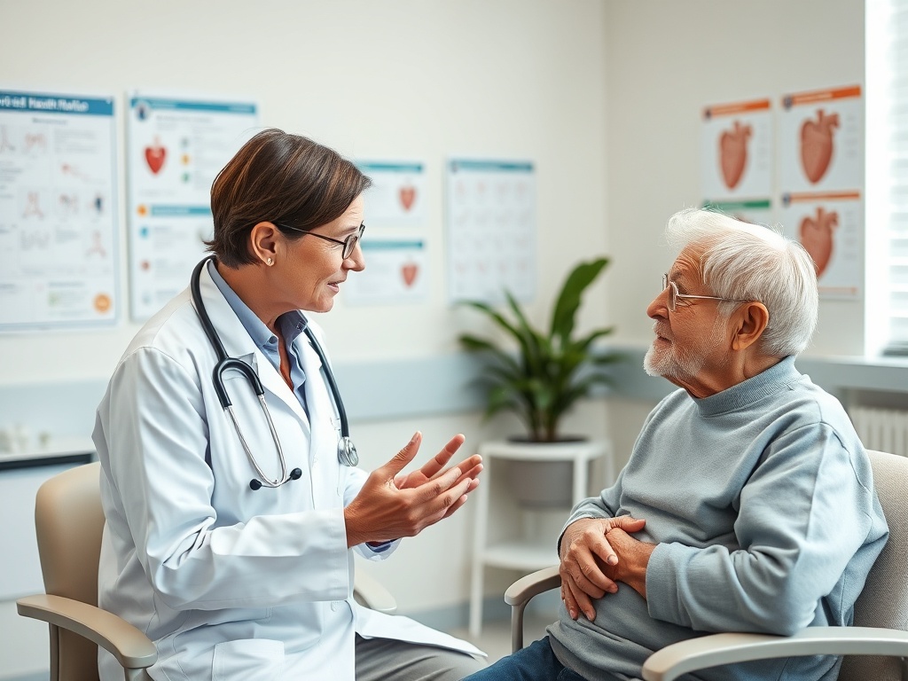 Доктор разговаривает с пожилым мужчиной в медицинском кабинете, обсуждая его здоровье и лечение.