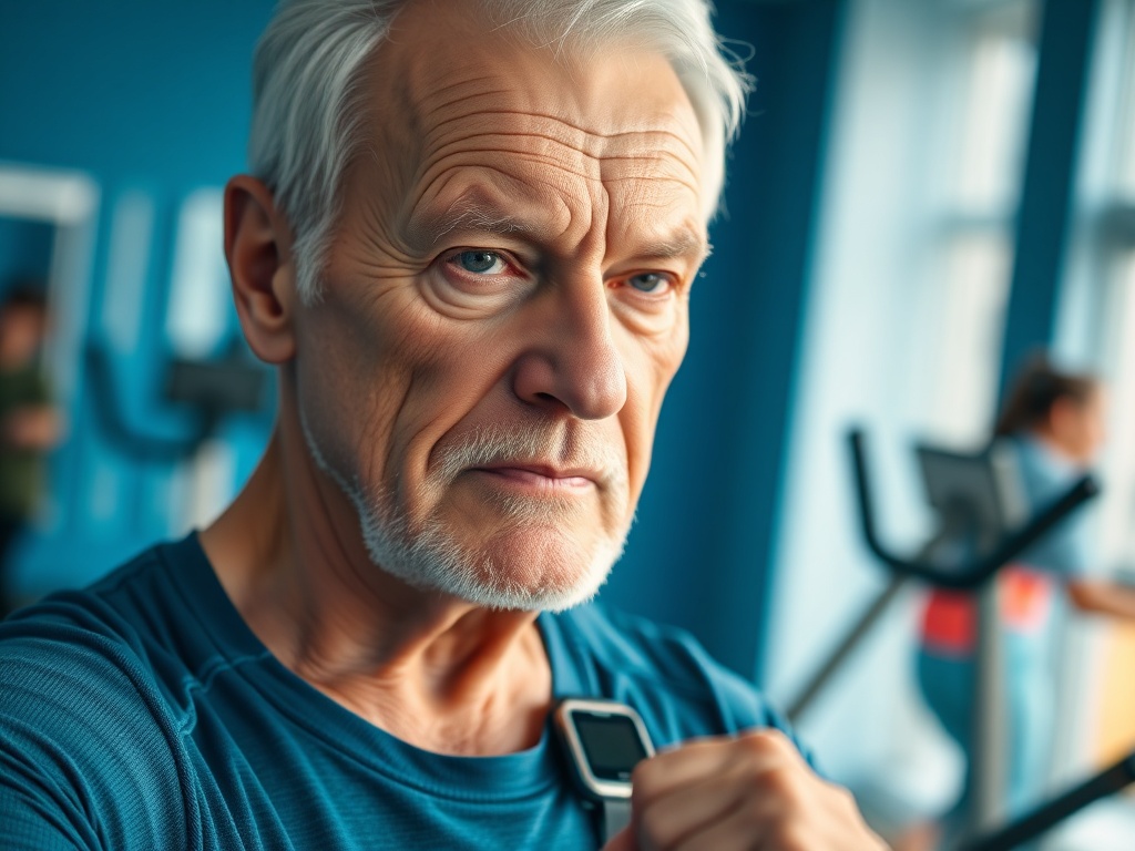 Пожилой мужчина в спортивной одежде, занимающийся в тренажерном зале. У него серьёзный взгляд.