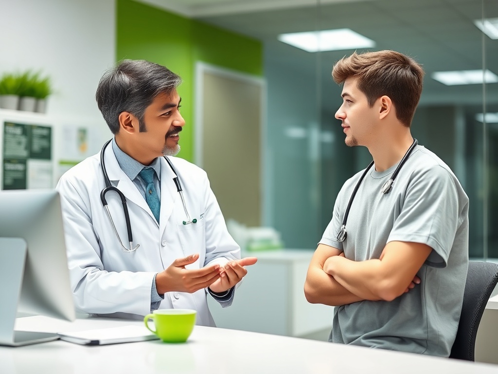 Врач беседует с молодым пациентом в кабинете, обсуждая здоровье в уютной атмосфере.