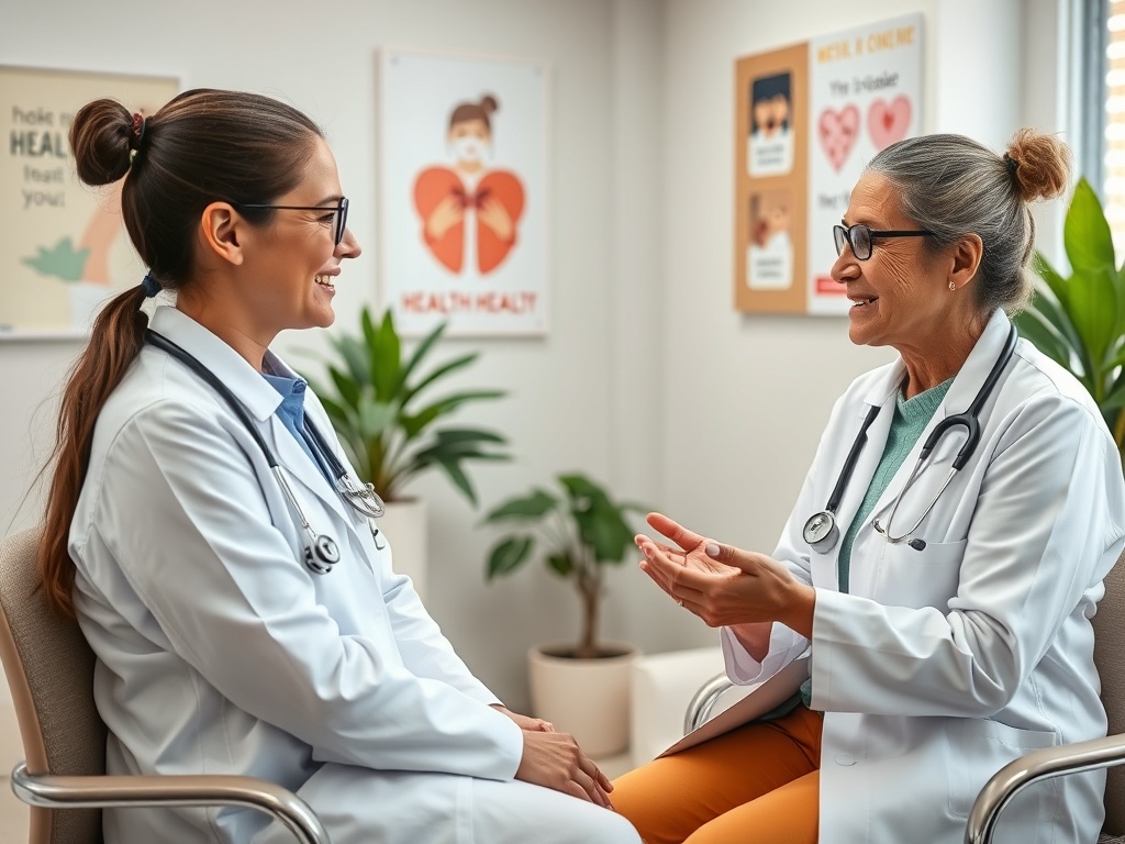 Две врачихи общаются в кабинете, обсуждая здоровье и заботу о пациентах. На фоне постеры о здоровье.