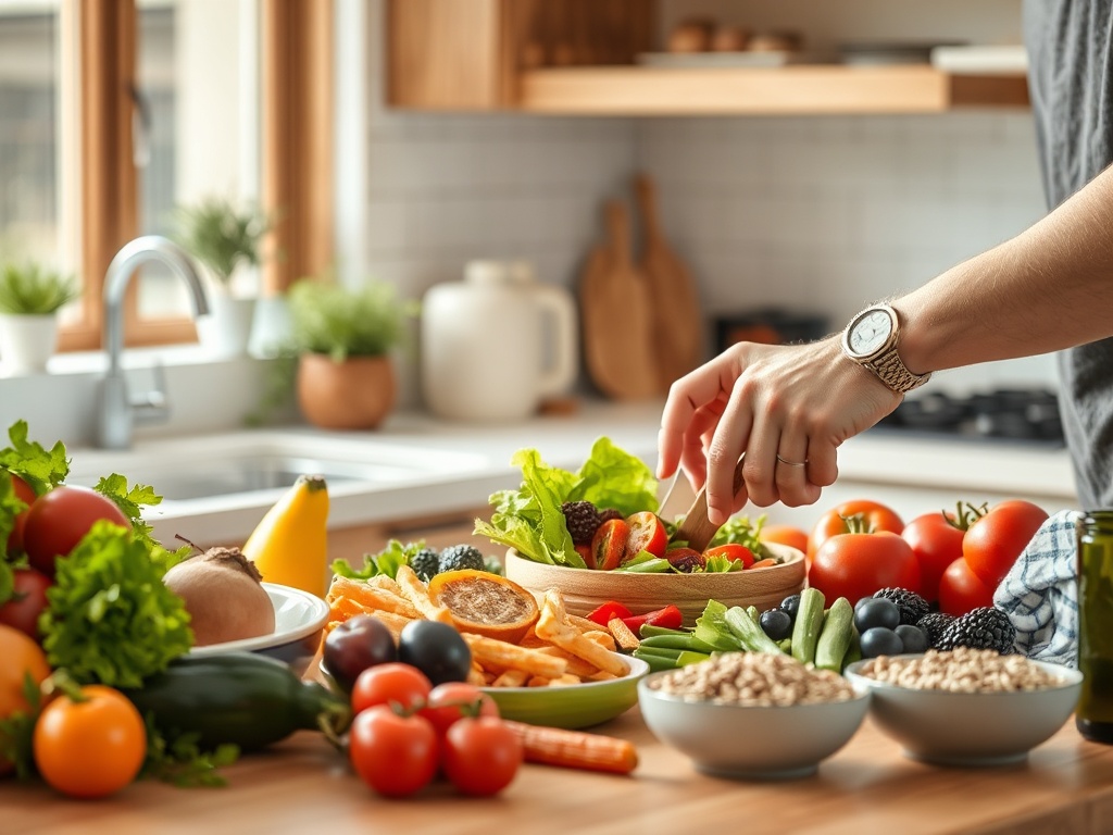 На столе свежие овощи и фрукты, человек готовит салат в уютной кухне.