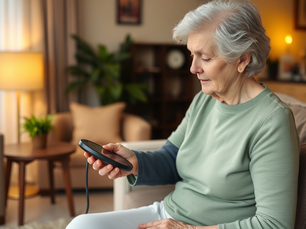 Пожилая женщина смотрит на устройство в уютной комнате с мягким светом.