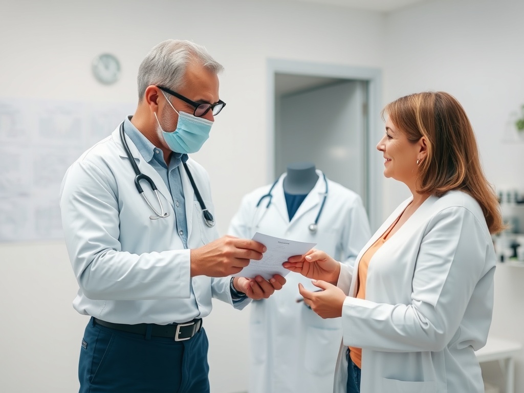 Врач и женщина обсуждают документы в медицинском кабинете, оба в белых халатах.