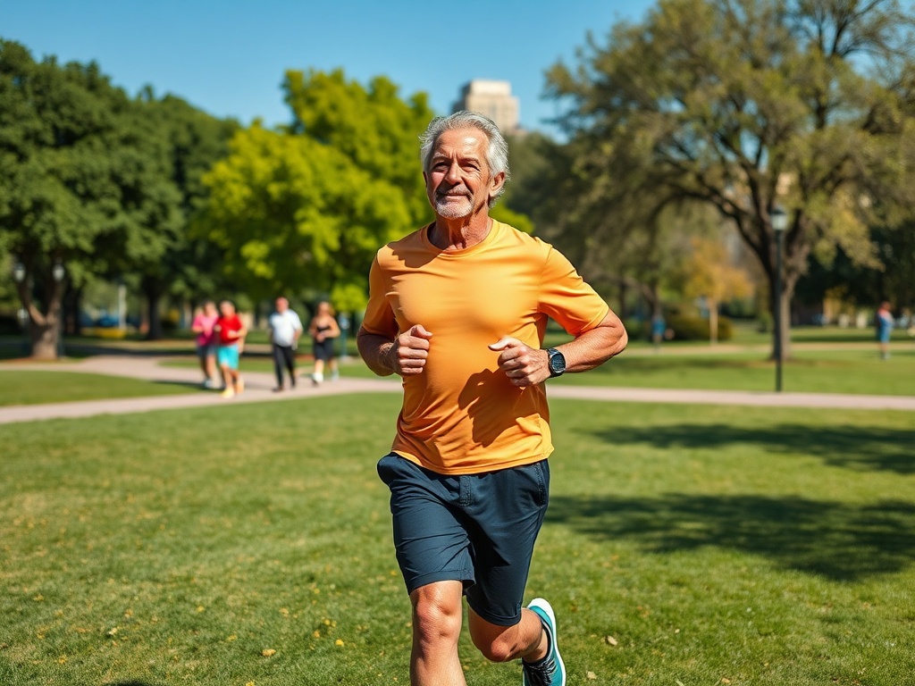 Мужчина за сорок бегает по парку в солнечный день, вокруг него другие люди занимаются спортом.