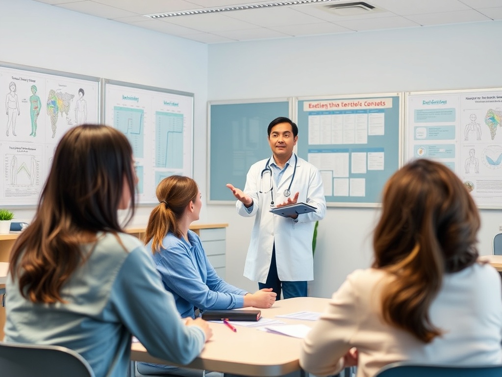 Мужчина в белом халате преподает группе женщин в классе с медицинскими плакатами на стенах.