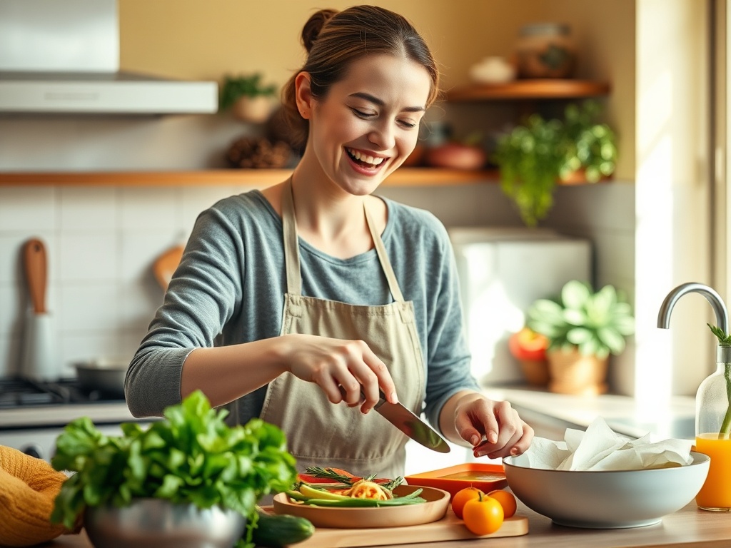 На изображении молодая женщина улыбается и готовит овощи на кухне с зеленью и фруктами вокруг.