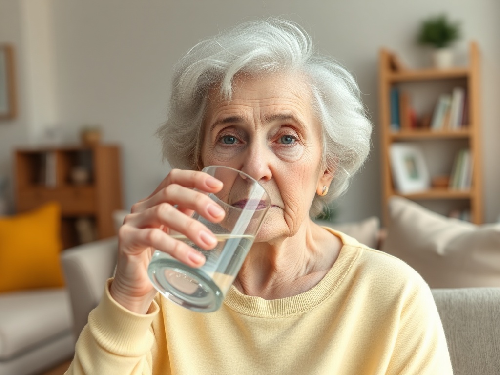 Пожилая женщина в светлом свитере пьет воду из прозрачного стакана, сидя в уютной комнате.