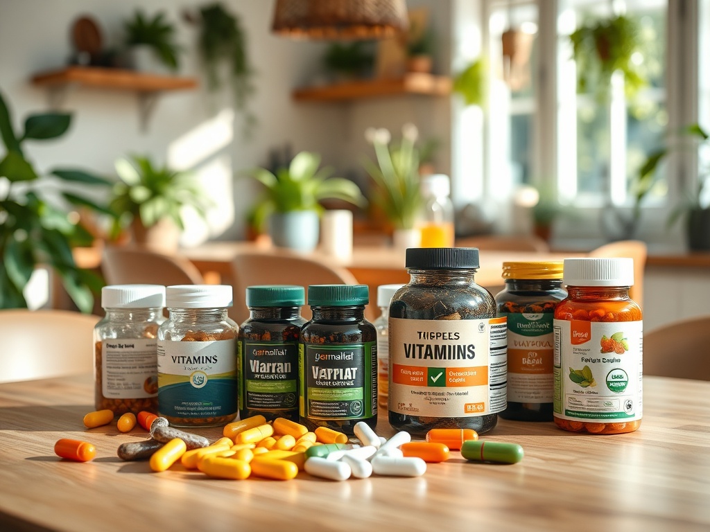 На столе расположены разные витамины и добавки, среди них капсулы и таблетки. Вокруг зелень.