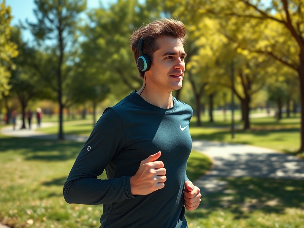 Молодой мужчина бегает в парке, в наушниках, наслаждаясь активным отдыхом на свежем воздухе.