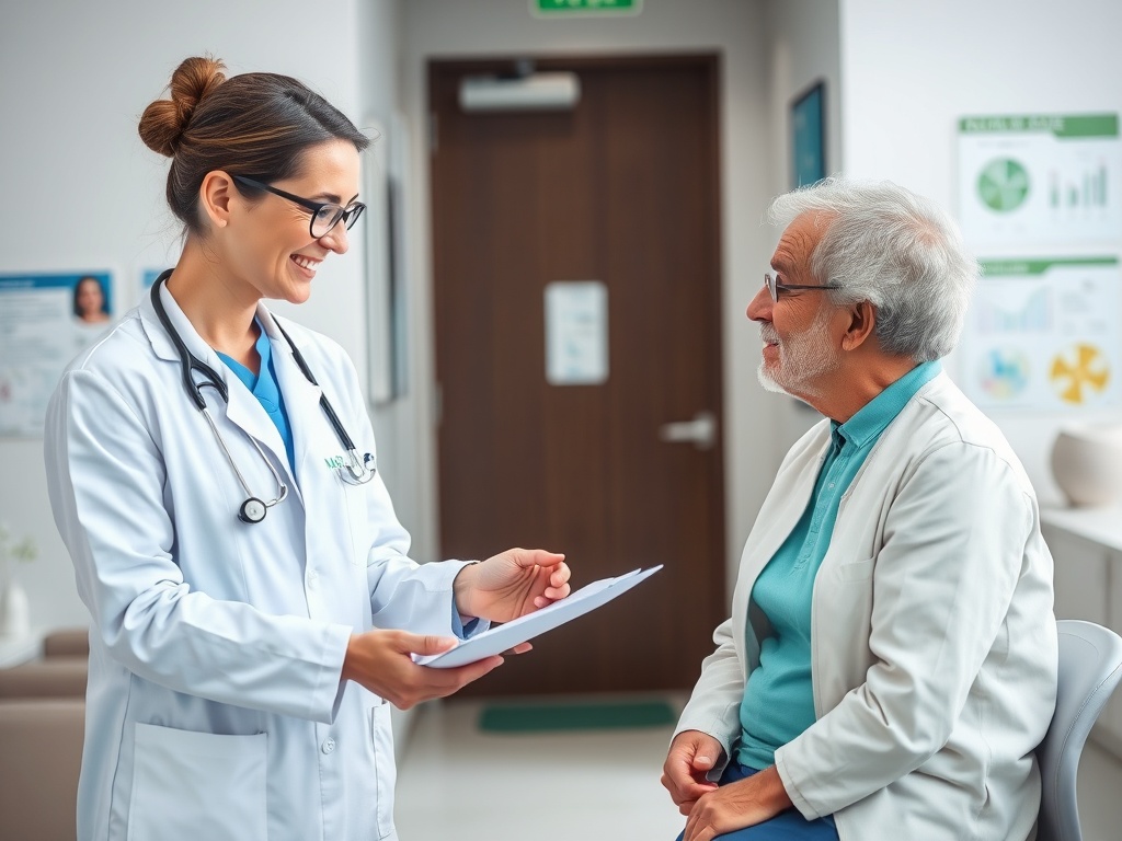 Врач общается с пожилым пациентом, улыбаясь и показывая документы в медицинском кабинете.