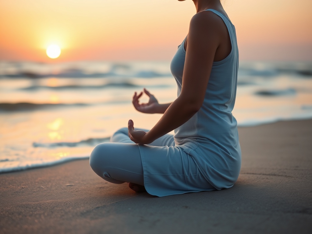 Женщина медитирует на берегу моря на фоне заката, сидя на песке и вдыхая свежий воздух.